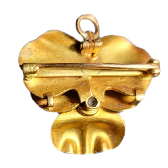 Antique Enamel and 0.25 carats Diamond Pansy Brooch/ pendant 14K yellow Gold - Picture 3 of 5